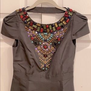 Tibi Gray Silk Jeweled Short-Sleeved Dress